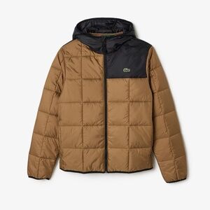 size 60 XL /2XL Lacoste Puffer Jacket Black Brown Padded Quilted Hooded